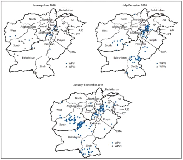 The figure shows cases of wild poliovirus types 1 (WPV1) and 3 (WPV3) in Afghanistan and Pakistan during January 2010-September 2011. In both countries, WPV3 transmission has declined, from 32 cases in 2010 to two cases in 2011. The most recent WPV3 case in Afghanistan occurred in the South Region in April 2010. The most recent WPV3 cases in Pakistan were reported from the Federally Administered Tribal Areas (FATA) in June and September 2011.